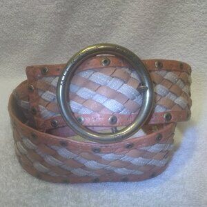 Michael Kors Brown White Interleaved Wide Leather Belt  Gold Round Buckle Great